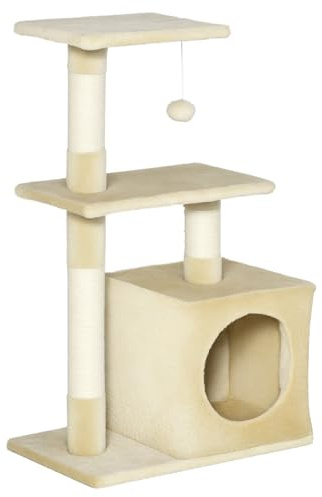 PawHut Árbol Rascador para Gatos 81,5 cm 2 Plataformas 50x30x81,5 cm Beige | Torre para Gatos, Postes de Sisal, Cueva, Bola Colgante, Estilo Elegante