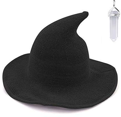YAMEE Womens Witch Hat Wizard Kinitted-Wool Hats Adult Costume Party Accessory Halloween Masquerade Cosplay Cap (Black)