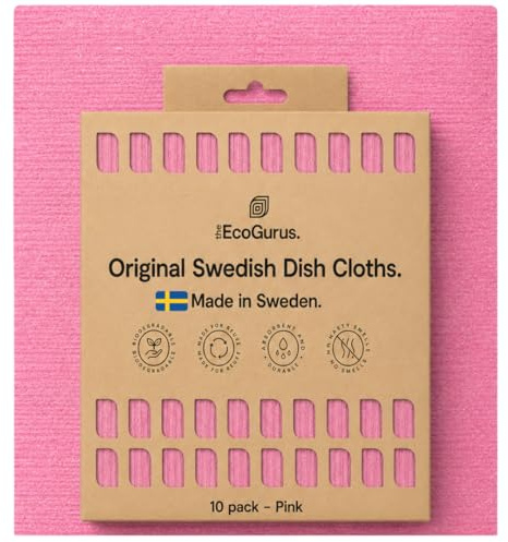 10 Pack Premium Odour-Resistant Reusable Cleaning Cloths | Original Swedish Dishcloth | Made in Sweden | Absorbs 20x Its Weight | Replaces 150 Paper Towels | Biodegradable Cellulose Cloth | Pink