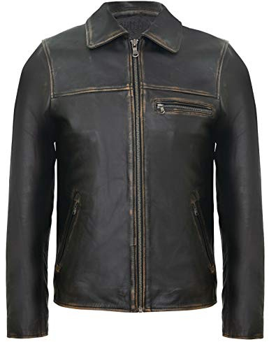 Infinity Leather Chaqueta Harrington para Hombre de Cuero Negro Envejecido de Piel de Vaca Estilo Vintage Motociclista 3XL