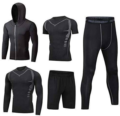 HZQIFEI Homme 5 Pièces Vêtements de Sport avec Hoodies Vestes Manches Courtes/Longues Shirt Compression Collant Short Séchage Rapide Workout Ensemble de Fitness Sportswear