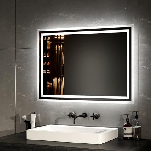 EMKE LED Badspiegel mit Beleuchtung 70x50cm, Anti-Beschlag-Funktion | Badezimmerspiegel mit Tastschalter, warmweißes und kaltweißes Licht, IP44 Schutz, moderner Wandspiegel