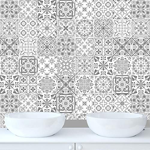 HORIWE 25pc Tile Stickers Backsplash PVC Waterproof Oil Proof Self Adhesive DIY Bathroom Kitchen Vintage New Wall Stickers Home Decor (Moroccan Grey, 15cm×15cm(6×6))