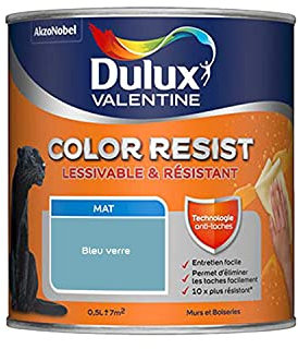 Dulux Valentine Color Resist Pièces à Vivre - Peinture Intérieure Murs, Plafonds, Boiseries - Lessivable et Résistante - Couleur : Bleu Verre - 0,5 L