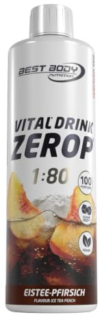 Best Body Nutrition Vital Drink ZEROP - Eistee-Pfirsich, Original Getränkekonzentrat - Sirup - zuckerfrei, 1:80 ergibt 40 Liter Fertiggetränk, 500 ml | Zuckerfrei, ohne Aspartam, kalorienarm, mit Vitamin B1, B6 und Niacin, Mischverhältnis 1:80, Geschmack Eistee Pfirsich