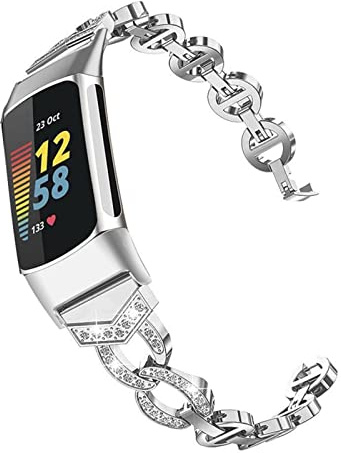 ahayo Bling Armband für for Fitbit Charge 5, Metalllegierung mit funkelnden Aushöhlen Kristallen Schnellverschluss Uhrenarmband für Fitbit Charge 5 Aktivitäts Tracker (Silber)