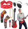 AOT Heavy Metal Disco Costume Accessories,7 Pcs Punk Rocker Fancy Dress with Retro Red Punk Bandanas,Sunglasses,Bandanas,Fake Temporary Tattoo Sleeves Arm,Inflatable Instrument,Gold Chain