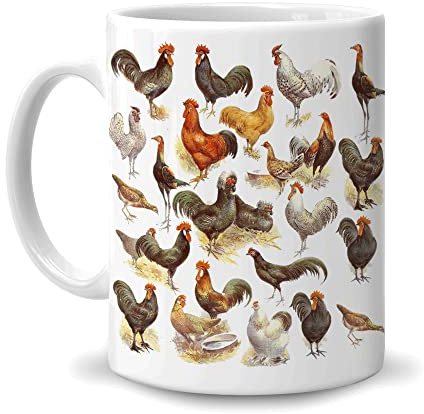 HYTURTLE Geschenke für Hühnerliebhaber, Landwirte, Tierliebhaber, Geburtstag, Weihnachten, Erntedankfest, Vintage-Hähne, Hühnerrassen, Geflügel, Hühner, 325 ml, weiße Keramik-Kaffeetasse für Damen und