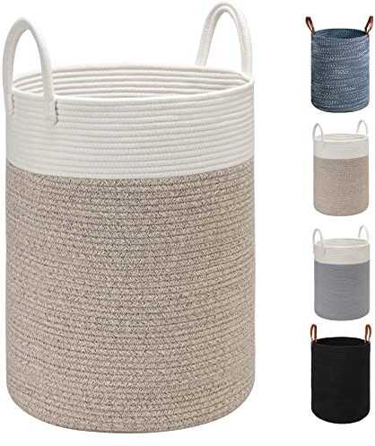 TOTANKI Großer Wäschekorb aus Baumwollseil - 40cm (T) x 50cm (H) - Zusammenklappbarer gewebter Korb mit Ledergriffen zur Aufbewahrung von Kleidung, Windeln, Spielzeug (Weiß/Braun)