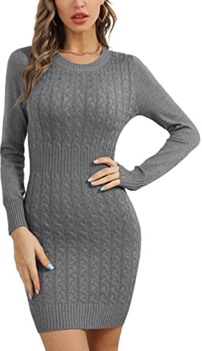 Gyabnw Tröjklänning dam elegant sexig stickad klänning rund hals vinterklänningar långärmad enfärgad tröja tunika klänningar miniklänning mode varm fritidsklänning blusklänning för höst vinter, GRÅ, M