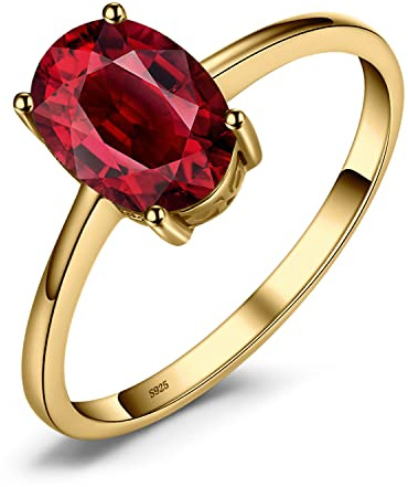 JewelryPalace Class Natural Red Gemstone Garnet Birthstone Solitaire Engagement Rings for Women, Anniversary 14k Yellow Gold Plated 925 Sterling Silver Promise Rings for Her, Jewellery Sets T