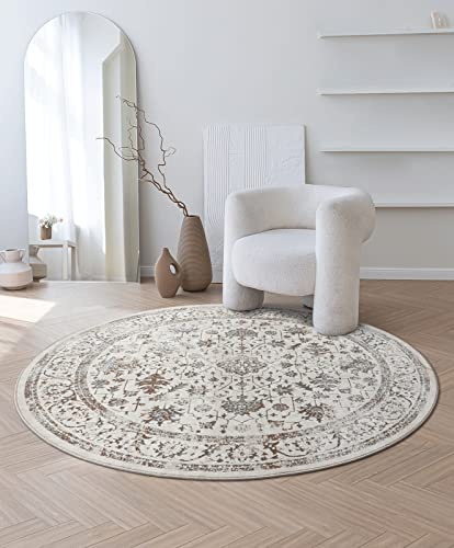 the carpet Mila Teppich – moderner Kurzflor Wohnzimmerteppich mit 3D Hoch-Tief-Effekt, Glanzeffekt & weicher Oberfläche, Fußbodenheizung geeignet, Bordüre, Creme, 200 cm Rund