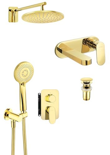 Lomadox Badarmaturen Set mit Ablaufventil in Gold DEANTE-30 mit Duschsystem, Waschbeckenarmatur und Ablaufventil