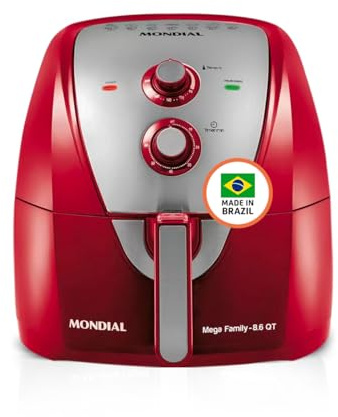 MONDIAL Air Fryer - 8.6 Quart Extra-Large Air Fryer, 2 Simple Dial Controls, 1800 Watts - Quick Heat Circulation Technology, Low Fat Cooking Less Calories - Removable Squared Basket - Red