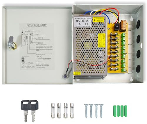 Weishuo Fuente de Alimentación 12V 10A 120W CCTV, 9 Canales Caja de Alimentación Distribuida con Carcasa Metálica para Cámaras de Seguridad, DVR e Iluminación LED