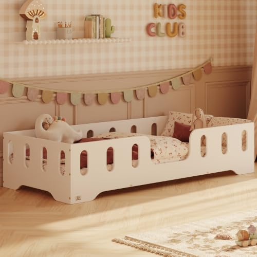 smartwood Cama Infantil 90x190 cm con Barrera, Madera, Blanco, TILA 2 | Cama Montessori, somier de láminas hasta 230 kg, certificado FSC, bordes redondeados, montaje fácil, desde 3 años
