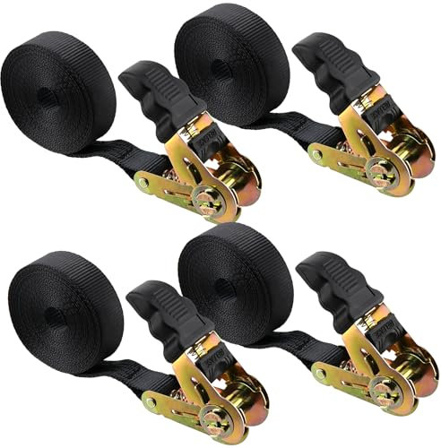 HEIHAK 4 Pack Ratchet Tie Down Straps, 6M x 25mm Adjustable Ratchet Straps Roof Rack Straps, Black Tensioning Belts Heavy Duty Lashing Straps for Trucks, Motorbikes, Securing Cargo, Luggage