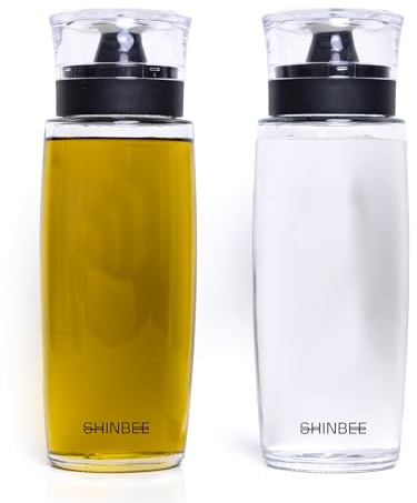 Shinbee Roen 2pcs Olive Oil and Vinegar Dispenser Set with Labeling Stickers - 10oz 300mL Glass Bottles for Kitchen Oils, Vinegar, Syrup, and Condiments - Cruet Oil Dispenser Bottle (V2, 2), Clear
