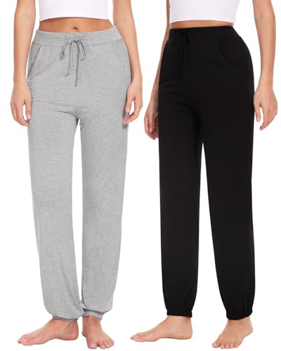 Knuffnee Damen Schlafanzughose Lang Pyjamahose Weiche Jogginghose Freizeithose mit Taschen 2 Pack Thin Grau/Schwarz L