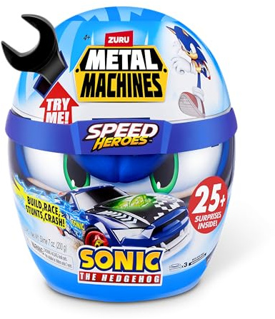 Metal Machines Sonic The Hedgehog Speed Heroes di ZURU, Più di 25 sorprese all’interno, costruisci e lancia la tua auto da corsa (Sonic the Hedgehog).