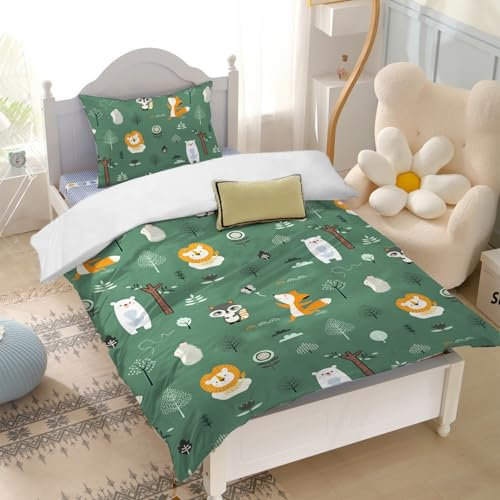 Yasida Ropa de cama verde bosque 120 x 150 cm, diseño de animales de dibujos animados con árbol, protección para los ojos, ropa de cama para niños, niños y niñas, microfibra, 120 x 150 cm, juego de 2