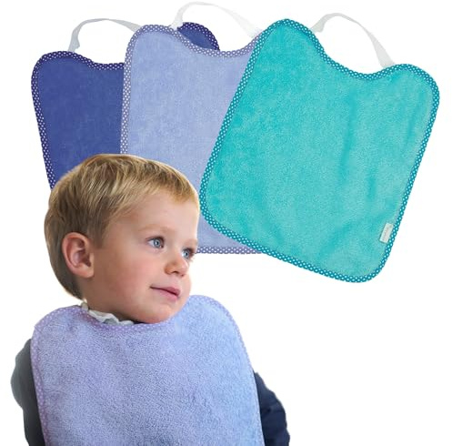 PIROLETE Pack de 3 Baberos Bebé impermeables con goma elástica - Baberos BLW con Rizo de Algodón Suaves y Absorbentes para Guardería - Fáciles de Poner y quitar con tejido Repelente al Líquido