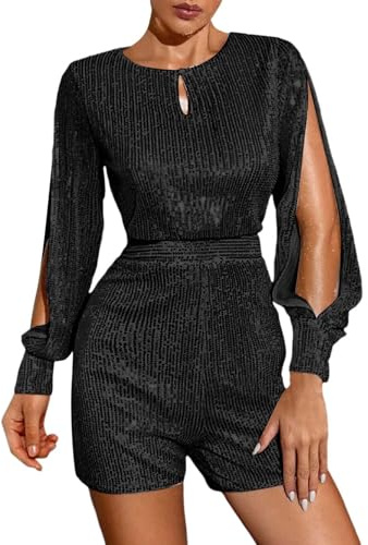 Foweknow Damen Kurzer Jumpsuit Mit Pailletten Hochzeit Party Glitzer Overall Shorts Hosenanzug Playsuit Sexy Elegant Bodysuit Rave Outfit Party Overall Performance Kostüm Karneval Kostüm