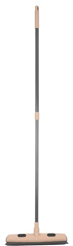 Rubber Broom with Squeegee Edge 2-in-1 Rubber Bristle Brush Head Pet Hair Remover with Long Handle Sweeper Spill Cleaner for Carpet, Tile, Hardwood Floor, Window, Indoor/Outdoor (Beige)