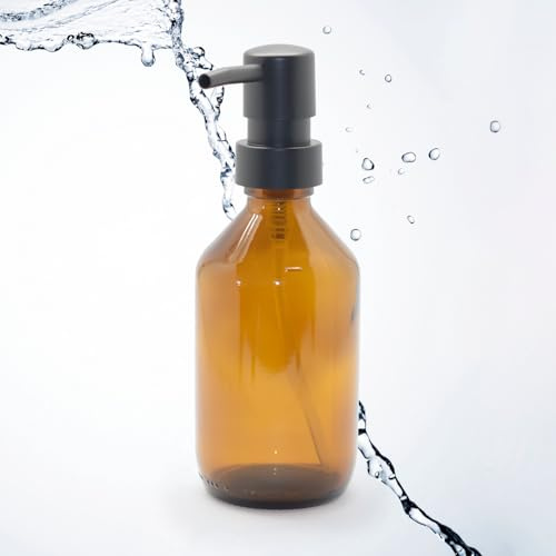 Pajoma Seifenspender 250 ml aus Glas - Braunglasflasche |Ø 6.5 x 18 cm - mit schwarzem Pumpkopf | Stilvoller Spülmittelspender, Handseifenspender & Pumpspender - ideal für Küche, Bad und Dusche