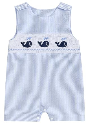 Arvbitana Newborn Baby Boys Sleeveless Seersucker Romper One Piece Straps Overalls Striped Jumpsuit Summer Smocked Clothes (A-Blue, 3-6 Months)