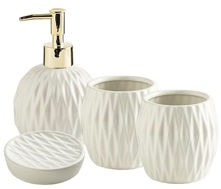 Bathroom Accessory Sets 4 Pcs, White Ceramic Bathroom Organizer, Lotion Dispenser, Toothbrush Holder, Toothbrush Cup, Soap Dish, Modern Luxury Housewares Refillable Bathroom Soap Dispenser Set