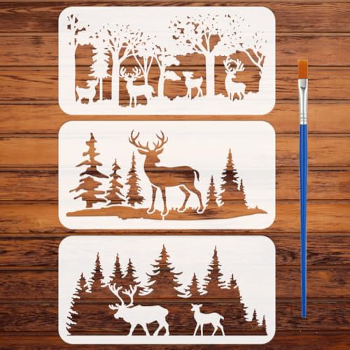 FINGERINSPIRE 3 Stück Malschablone Mit Pinsel Waldhirsch 30x15cm Hirsch Silhouette Muster Zeichenvorlage Tierthema DIY Dekorationsschablone Zum Malen Auf Holz Wänden Stoffen Und Möbeln