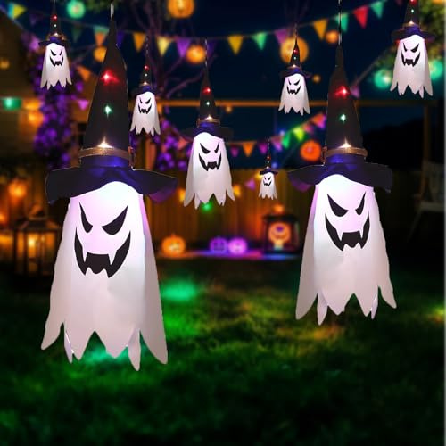 VGE 2 Pezzi Cappello da Strega Illuminato con Doppia Faccia Fantasma, Decorazioni Halloween con Luci, 3 Modalità Luce, Sospeso per Interni ed Esterni, Addobbi per Festa, Luci Fatate Appese Illuminate