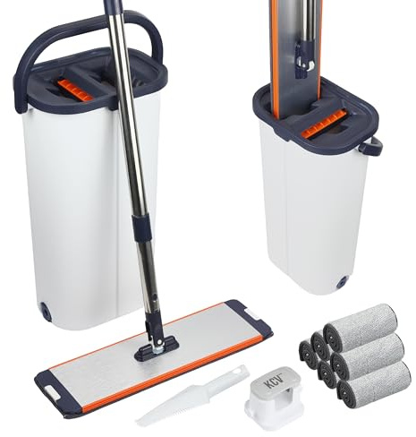 KCVONLINE Mopa XL 39cm con Cubo Escurridor–Más Ancha que standard(32cm) limpieza rápida–Cabezal Aluminio resistente, incluye Clip Pared Ventosa+Peine Limpieza, 6 Almohadillas, Mango Inox - AZUL