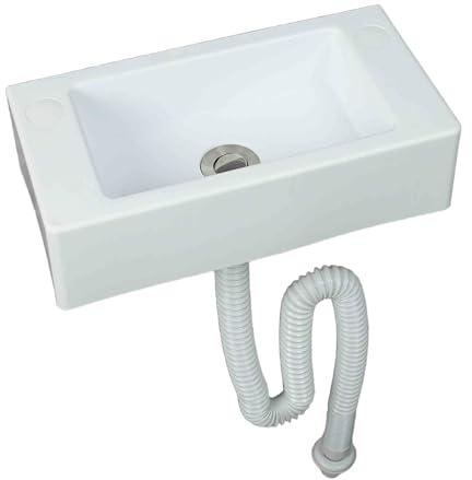 Weiß Kleines Waschbecken aus Kunststoff zur Wandmontage 40 x 20 x 11 cm | Waschbecken für Wohnwagen, Wohnmobil, Gäste-WC, Camping, Mietwohnung Garten und Baustellen 150 cm Abflüsse