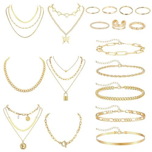 TYXHXTF 18 Pcs Parure Bijoux Femme : Élégante Parure de Bijoux pour Femme comprenant Collier Ras de Cou, Collier Breloque Argent et Or, Bracelet Jonc Or