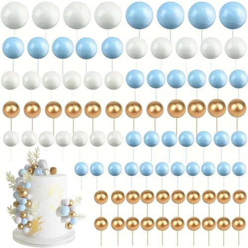 Ball Cake Toppers, Ball Cake Decorations, 66 Pcs Balloon for Cupcakes, Mini Balloons Cakes Topper, Cupcakes Ballons for Wedding Birthday Party Cake DIY (Blue White Gold)