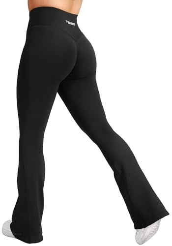 YEOREO Workout Mini Flare Leggings Damen Invisible Scrunch Schlaghose Push Up Sport Legging Hohe Taille Bootcut Nahtlose Fitness Leggings Gym Yoga Legging Schwarz XS