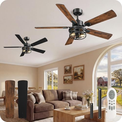 GOEBLESON 2 PACK 52 Inch Farmhouse Ceiling Fans with Lights and Remote, Timer, Dual Finish 5 Blades (Walnut and Black), 6 Speeds, Reversible DC Motor, Rustic & Industrial Caged Ceiling Fan FB01CFP205