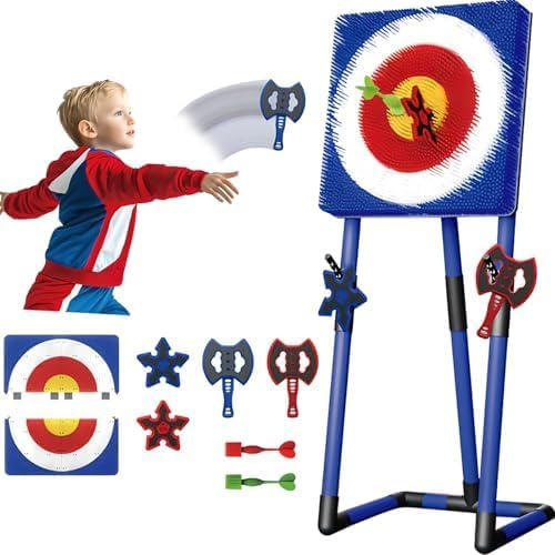 Ensemble de Jeu de Lancer de Hache, Ensemble de Jeu de Lancer et de fléchettes de pelouse avec 2 fléchettes Six étoiles, 2 haches et 2 fléchettes, Plateau de Jeu de fléchettes, Cadre Robuste pou Blue