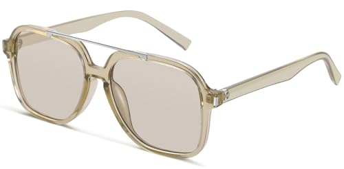 A LONG Trendy Aviator Sunglasses for Women Men Classic 70s Retro Double Bridge Square Pilot Sun glasses Vintage Shades A2258 (C2 Clear Brown/Light Brown)