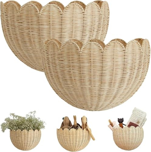 Wandkorb Aus Rattan, Aufbewahrungs korb Geflochten, Blumenkorb Wandampel Blumenampel für Wand, Wandhalterung Flechtkorb Regalkorb für Wohnzimmer, Schlafzimmer, Bad & Kinderzimmer (36 * 20cm/2PCS)