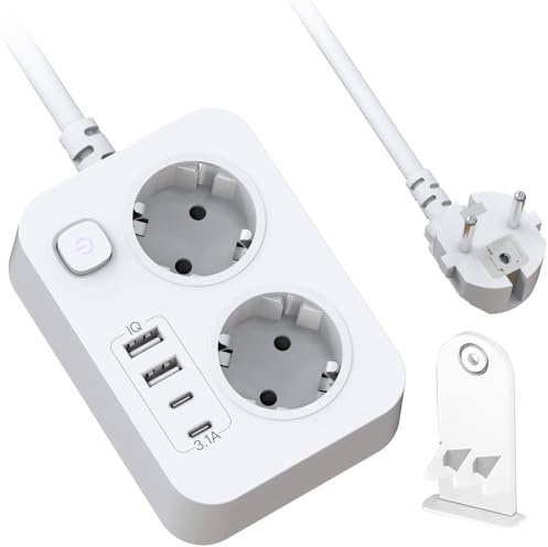 Dhqkqg Steckdosenleiste mit USB, 2 Fach Mehrfachsteckdose, 6 in 1 Steckdosenadapter mit Kindersicherung, 2 Meter Verlängerungskabel, Steckdosenadapter, für Smartphone, Laptop