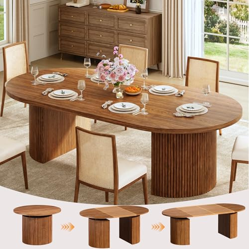HUAHUU Extendable Round Dining Table for 4-8, 39in-77in Long Large Kitchen Table with Fluted Base, Space Saving Modern Farmhouse Oval Dinner Tables for Dining Room, Kitchen, Living Room, Brown