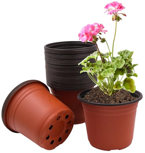 Vidoxdu 50-pack 15 cm plastväxtkrukor, stora tjocka plantskolor blomkrukor med dräneringshål, lätt fröstartkruka för inomhus utomhus hem trädgård grönsaker suckulenter