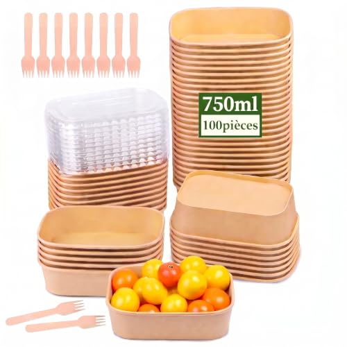 Ensaladeras Desechables Rectángulo de Papel Kraft 100 Unidades 750 ml