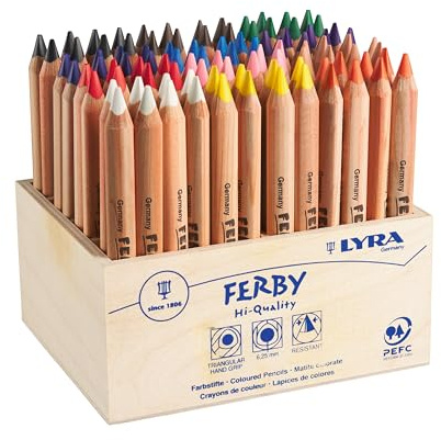 LYRA YRA Ferby Dreikantstifte unlackiert Schulpack 96 sortierte Farben | Dreikant, natur, Mine 6,3mm, kurz, 12cm, 8 x 12 Stk.