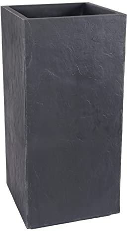 EDA - Bac à Fleurs Carré Haut Volcania 31 L - Décor Imitation Pierre - Double Paroi - Zone de Rétention d'eau - 39,5 x 39,5 x 80 cm - Gris Anthracite