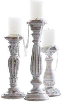 Loberon Kerzenständer 3er Set Folligny, DREI Größen & Designs, romantischer Shabby-Look, für Stumpenkerzen, Kerzenhalter, Kerzenleuchter, Mangoholz, Eisen, antikweiß
