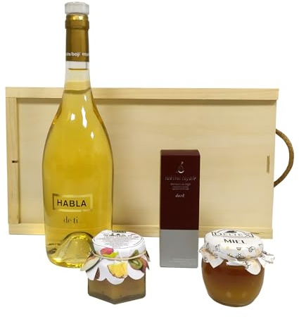 Estuche de regalo con vino, caja de madera de pino con vino blanco Habla de ti, tarro de miel, bombones de higo crujiente y mermelada artesanal de frutas tropicales, regalos originales para cumpleaños
